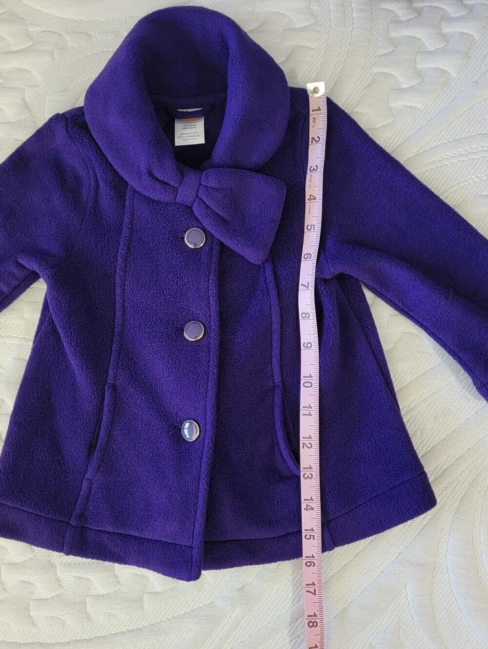 Gymboree Purple Fleece Pea Coat Bow Collar Buttons 12-24 Months Baby Toddler